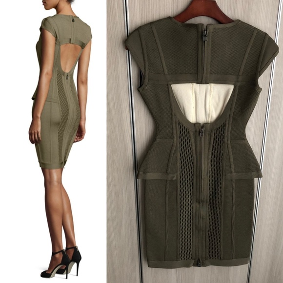 Herve Leger Astrid Olive Peplum Bandage Dress NWOT - Picture 2 of 8